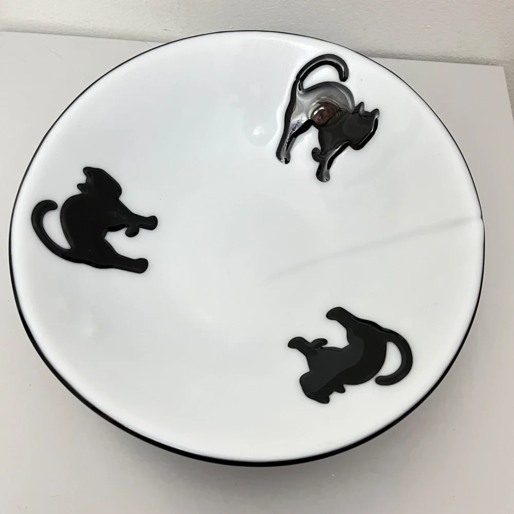 Fused Glass Bowl  White Black Vintage Cat Art Glass Decor